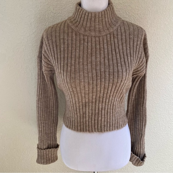 By Together Ribbed Cropped Turtle Neck Sweater Brown Tan Tight Knit: Large - Picture 1 of 8